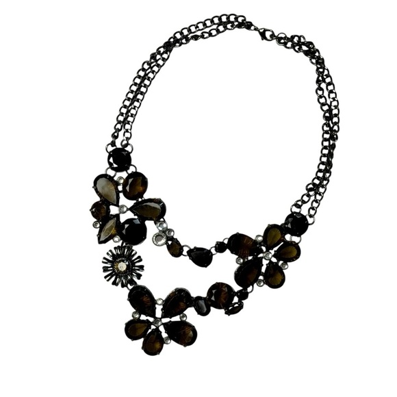 Large Flowers Faceted Rhinestone Faux Stone Silver Tone Statement Boho Necklace - Picture 2 of 14